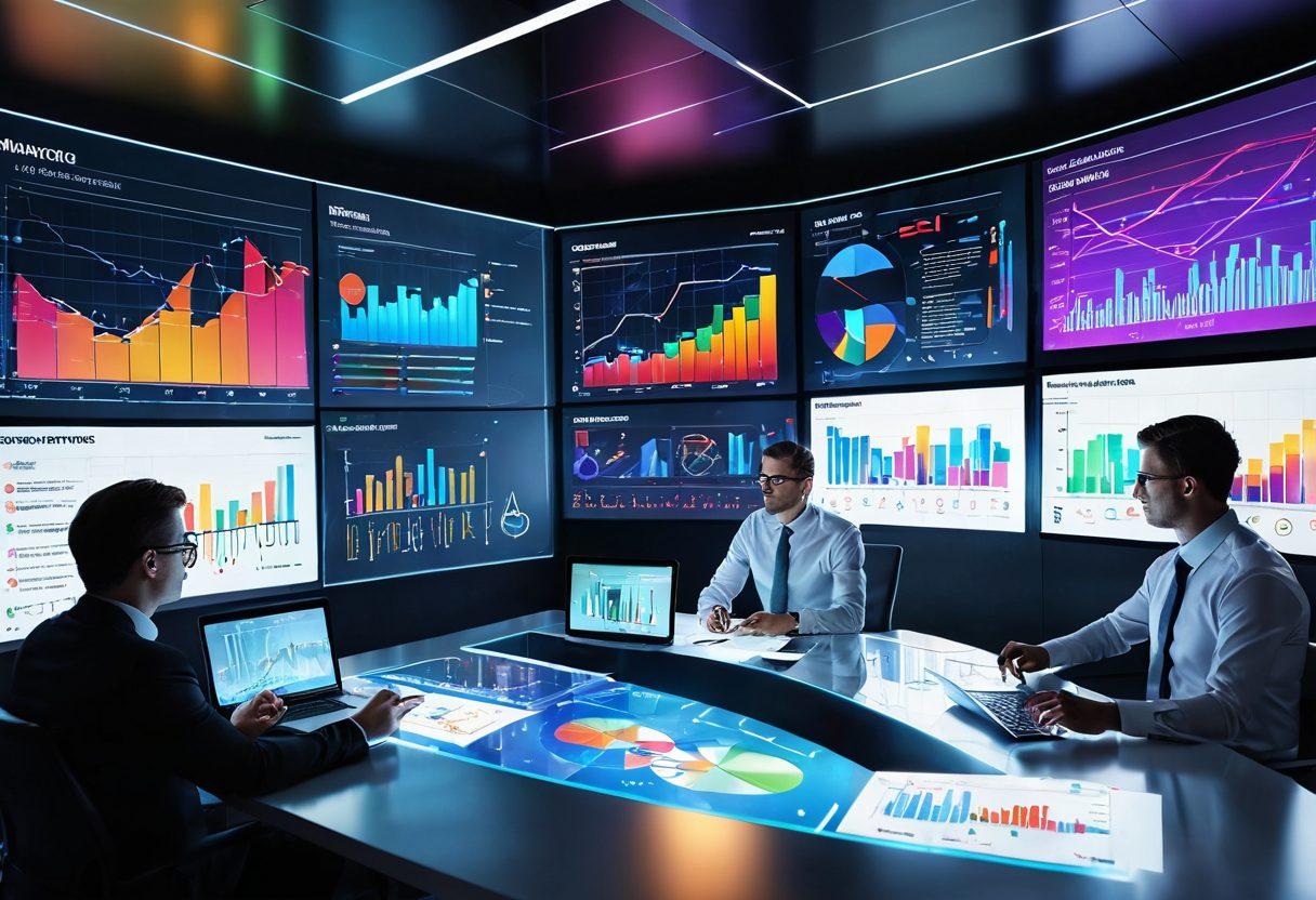 A sleek, modern office environment with a large digital screen displaying colorful visual data graphs and charts related to portfolio management. In the foreground, a diverse team of professionals engaged in discussion, surrounded by futuristic gadgets and digital interfaces. Bright lighting, vibrant colors highlighting key data points, and dynamic motion effects representing growth and strategy. super-realistic. vibrant colors. 3D.