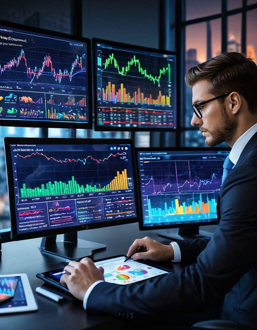 A high-tech financial analysis workstation featuring dual monitors displaying complex market trend graphs and colorful data analytics. In the foreground, a confident analyst holds a digital tablet, surrounded by symbols of finance like bullish bears and upward arrows. The background shows a city skyline symbolizing business growth. The scene is illuminated with a futuristic glow, showcasing a balance of technology and finance. super-realistic. vibrant colors. 3D.